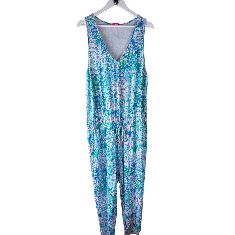 Lilly Pulitzer Paulina Sleeveless Knit Jumpsuit Drawstring Waist Full Bloom XL - Picture 2 of 7